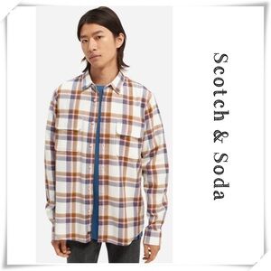 SCOTCH & Soda Window Plaid Regular Fit Button Up Shirt White with Brown Size L